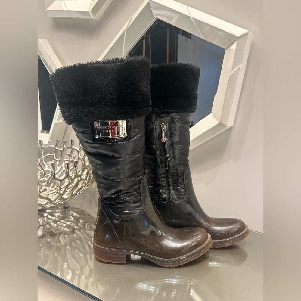 Gianmarco Lorenzi Luxury Italian Designer Faux Fur Trim Lining Rain Boots- 37